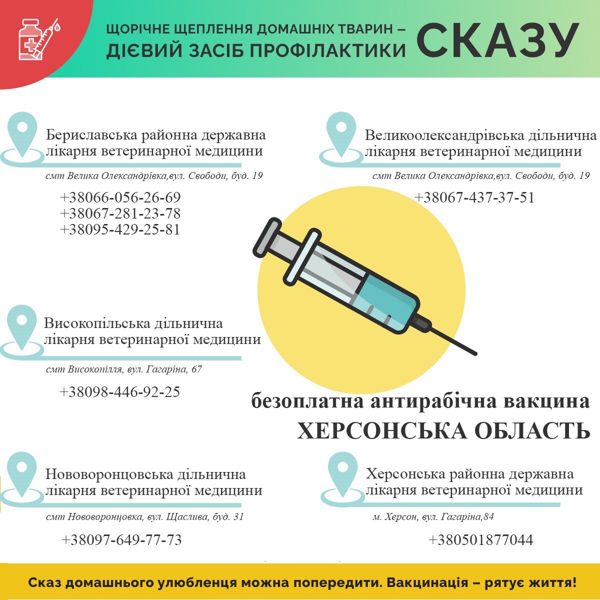 Щорічне щеплення – дієвий засіб боротьби проти сказу. Звертайтесь до Держпродспоживслужби